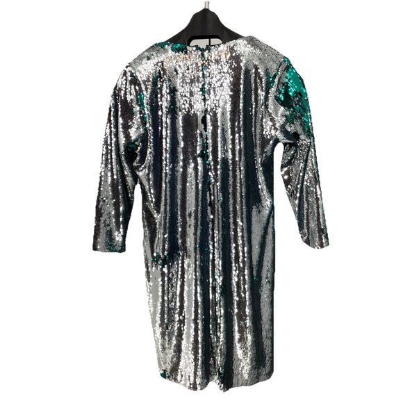 NWT ELOQUII Long Sleeve V-Neck Reversible Sequin Dress Silver Green Sz 24 Party - Picture 4 of 13